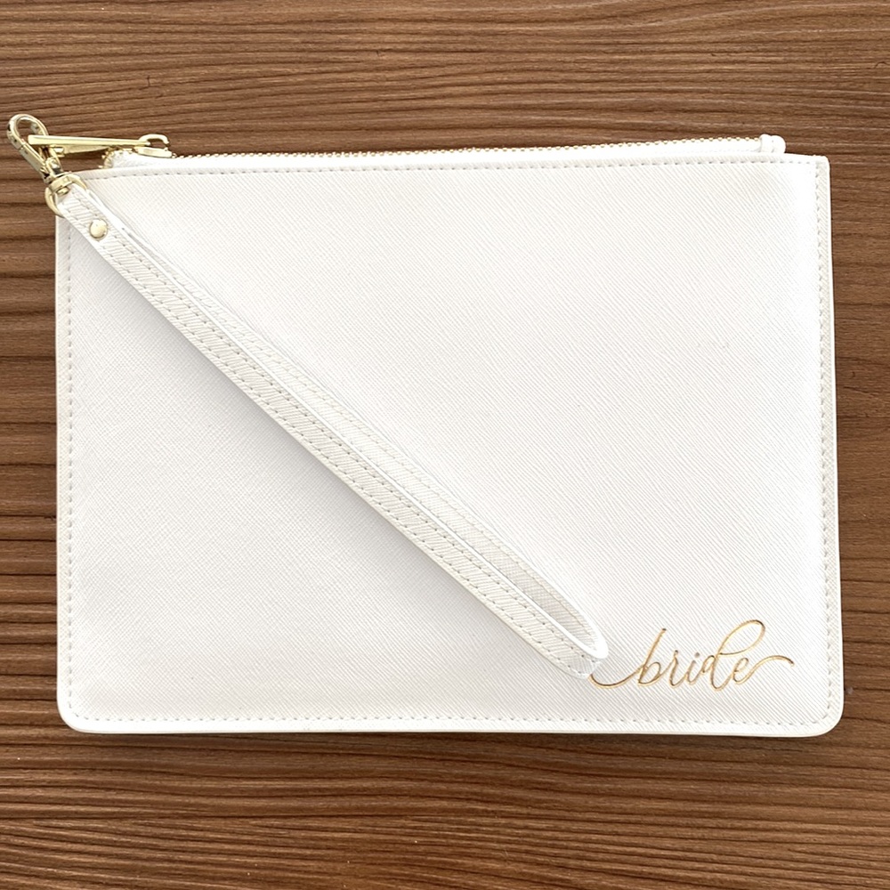 White faux leather “bride” zippered wristlet clutch